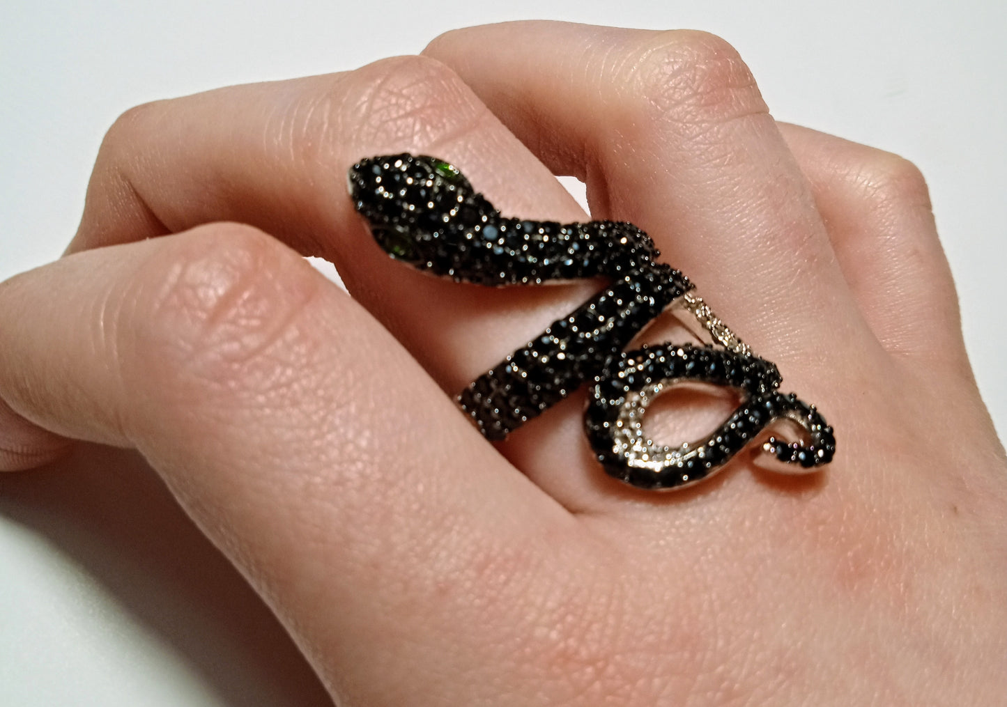 ring , Thai Black Spinel Snake Ring, size 8, rhodium over sterling silver