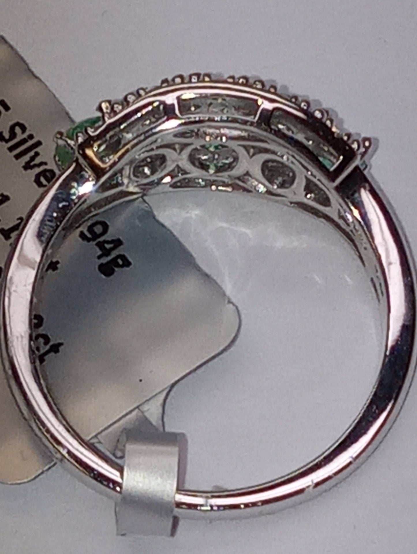 emerald ring Zambian ,whiter zircon rhodium over sterling silver size 7