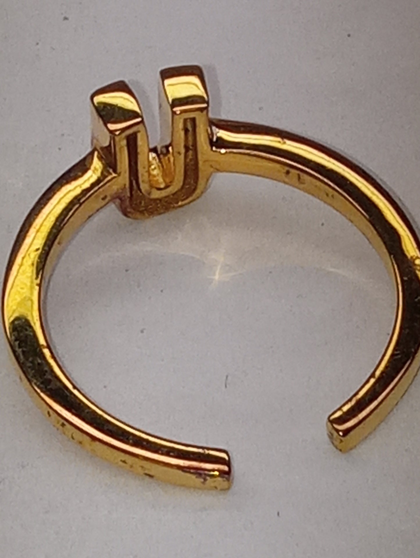 ring diamond initial "U" open band in vermeil yellow gold over sterling silver, size7,.06ctw