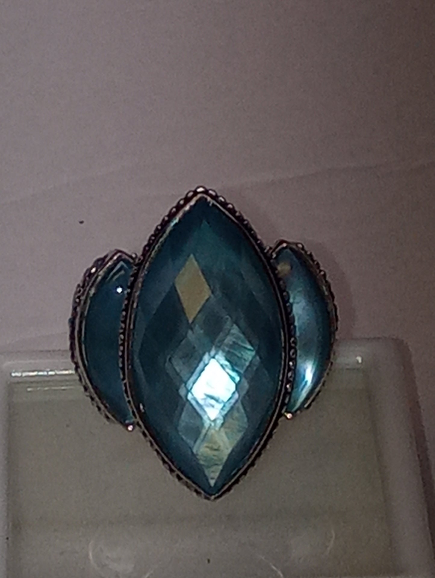 ring SAJEN SILVER quartz doublet , celestial mop scuba, in platinum over sterling silver size7