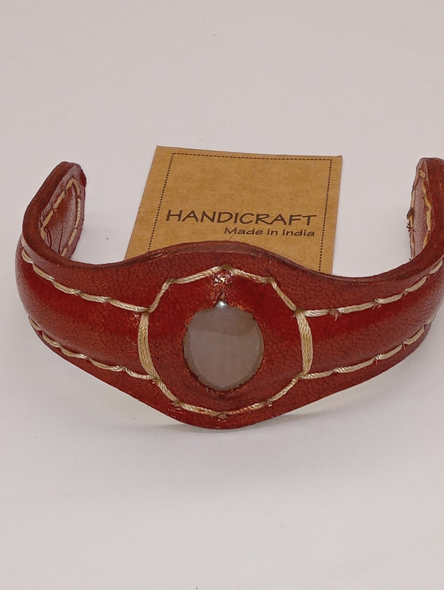 bracelet rose quartz, genuine leather cuff, 7.20inches