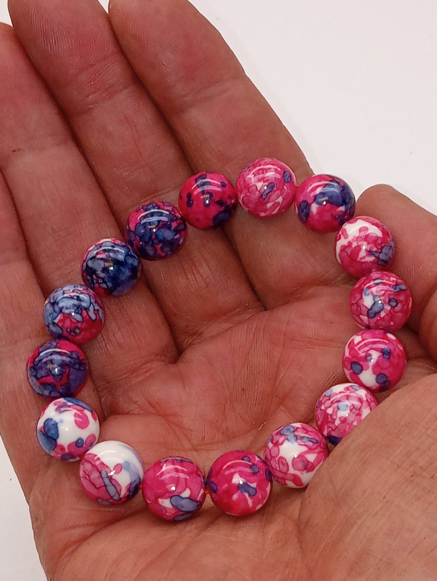 bracelet red blue dragon agate, 12mm beaded, stretch, 150.00ctw