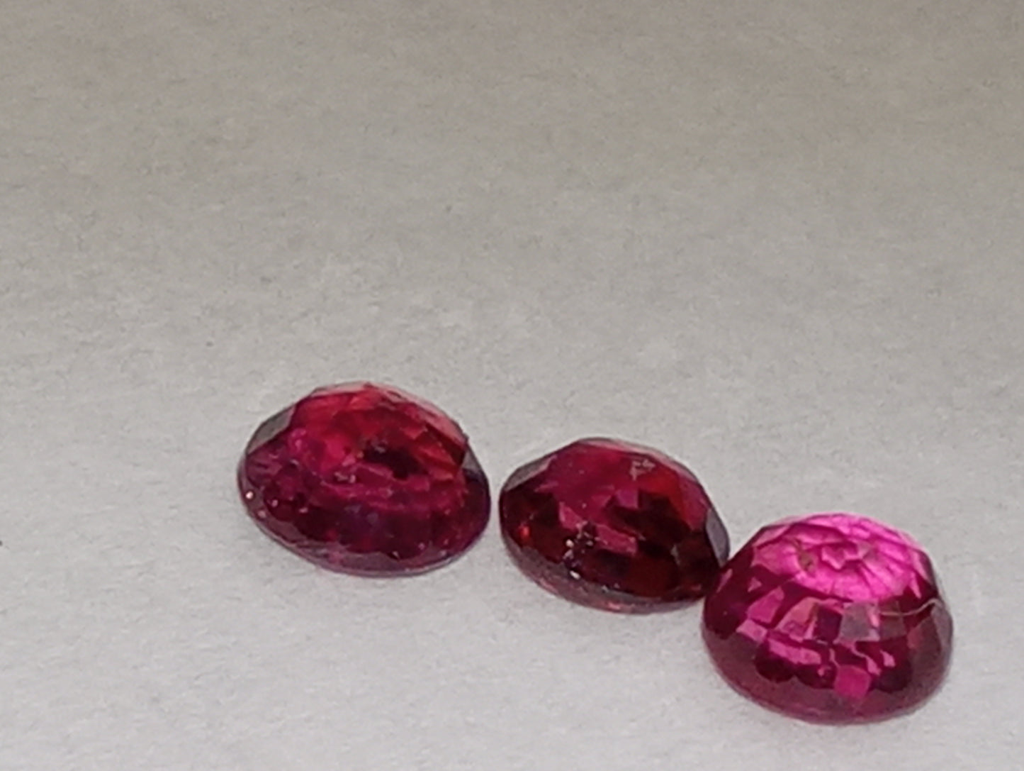 ruby gemstones, 3mm round cuts, 3 stones, .67ctw