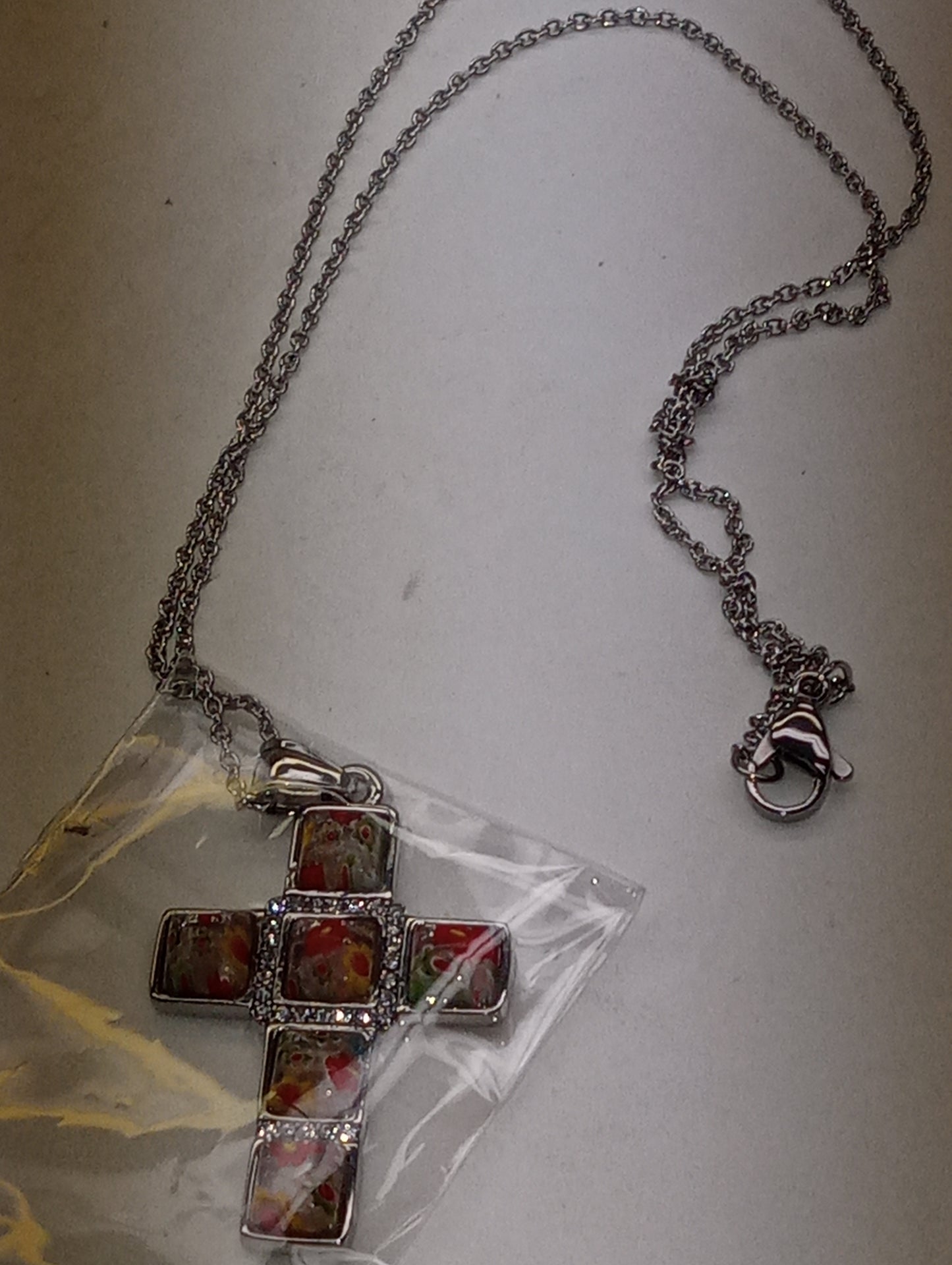 pendant necklace, Murano Style multi color cross with white Austrian Crystal , 20 inches