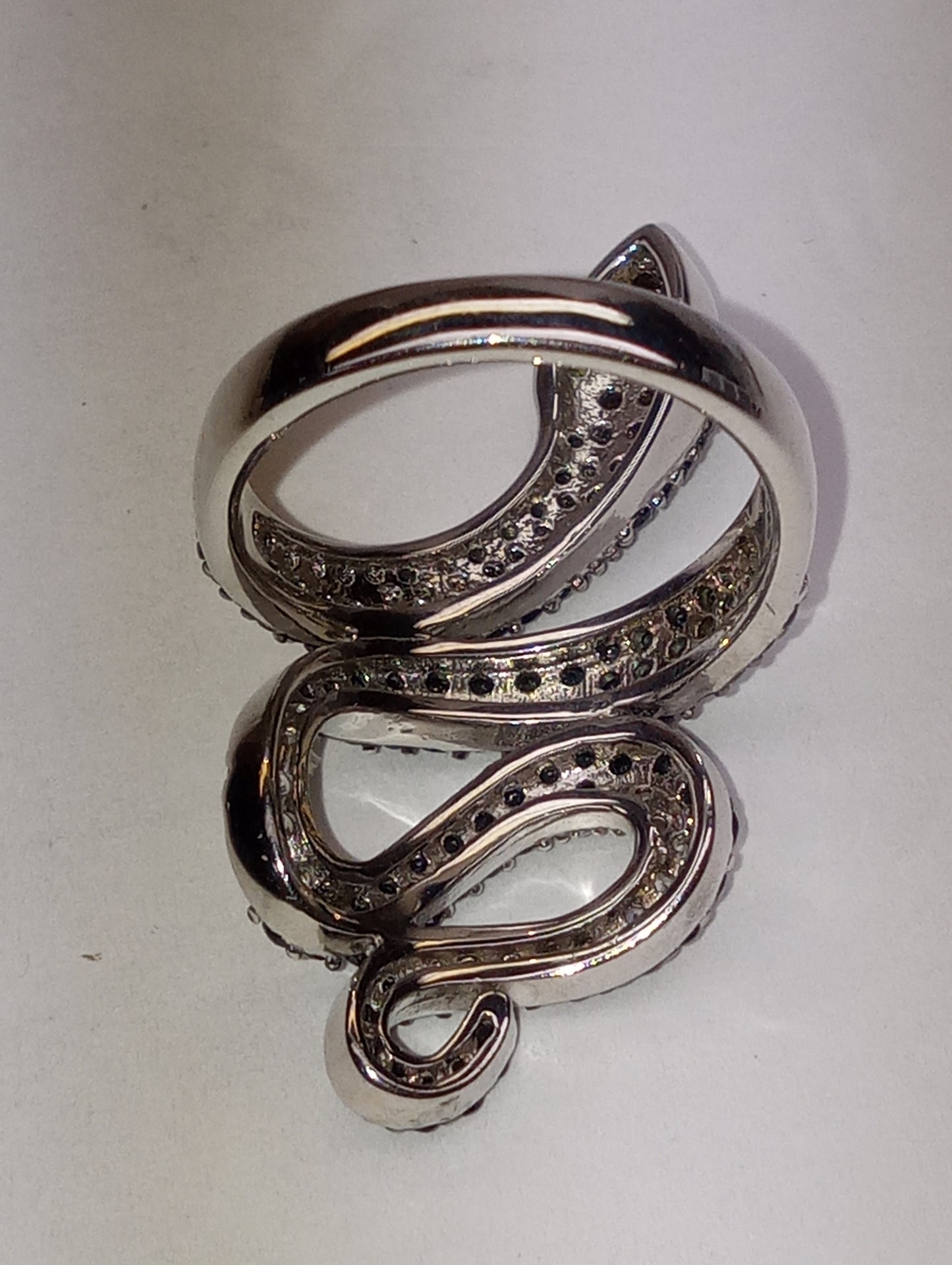 ring chrome diopside, Thai black spinel, white zircon, snake ring in rhodium over sterling silver, size8, 8g