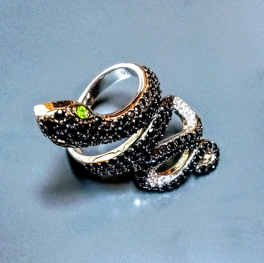 ring , Thai Black Spinel Snake Ring, size 8, rhodium over sterling silver