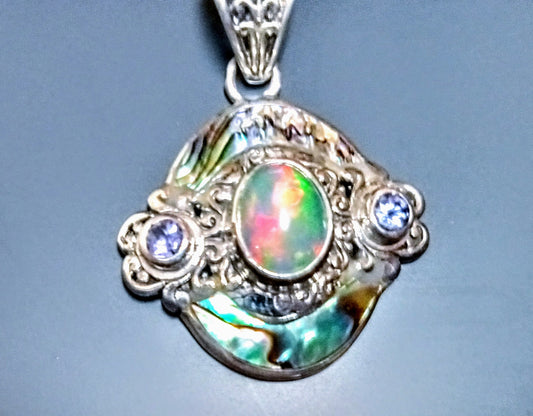 pendant Ethiopian Opal , Bali Legacy,  abalone shell, sterling silver