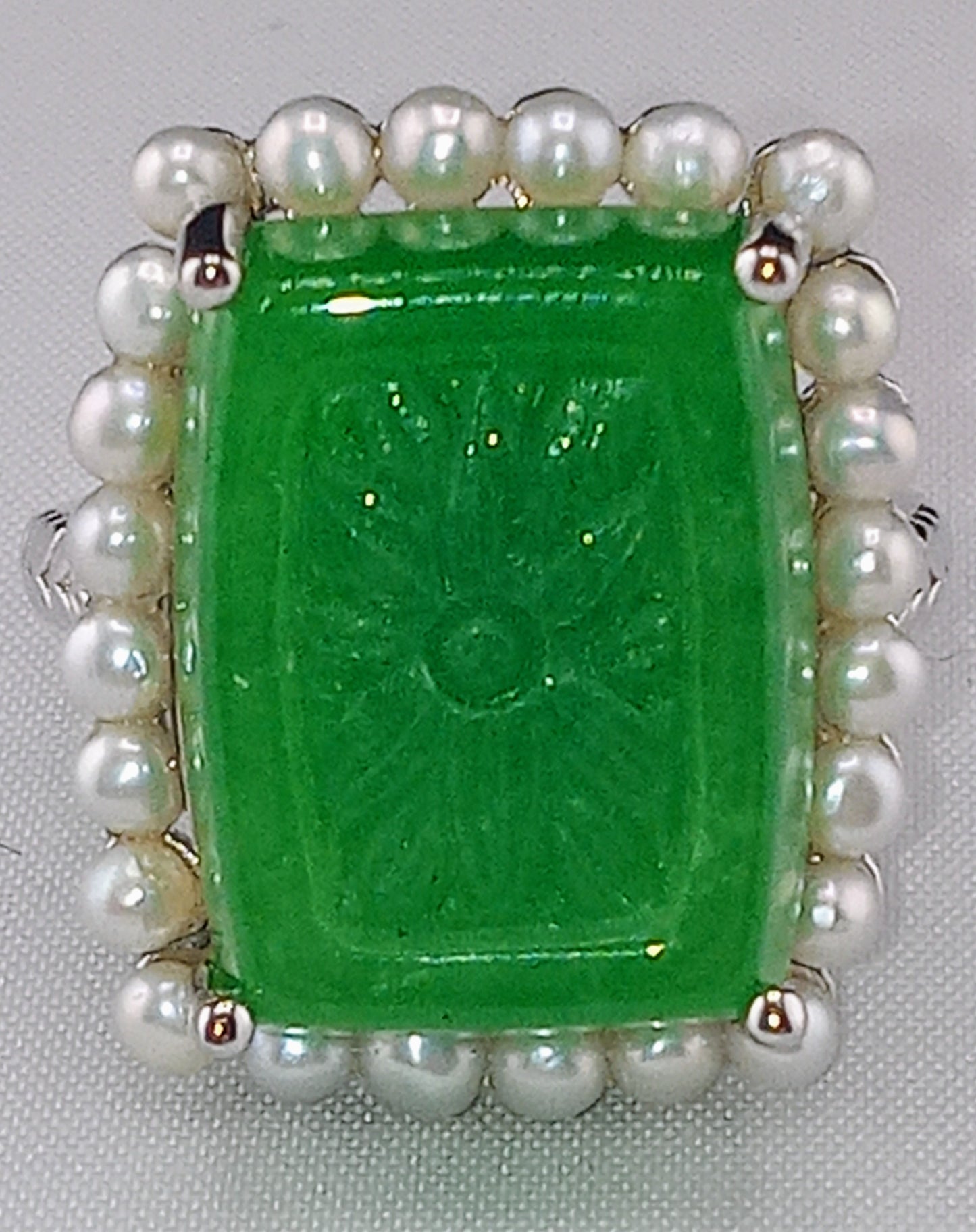 green jade carved ring, white freshwater cultured pearl