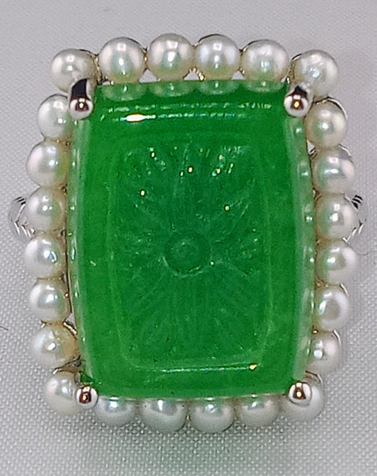 green jade carved ring, white freshwater cultured pearl