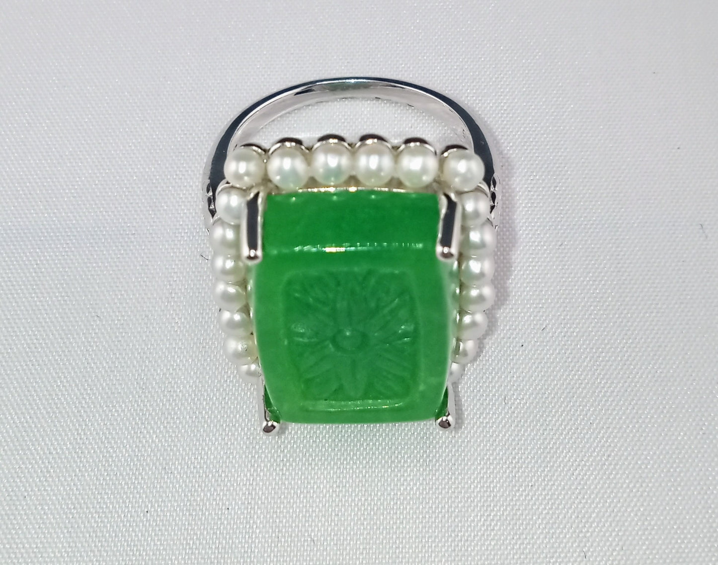 green jade carved ring, white freshwater cultured pearl