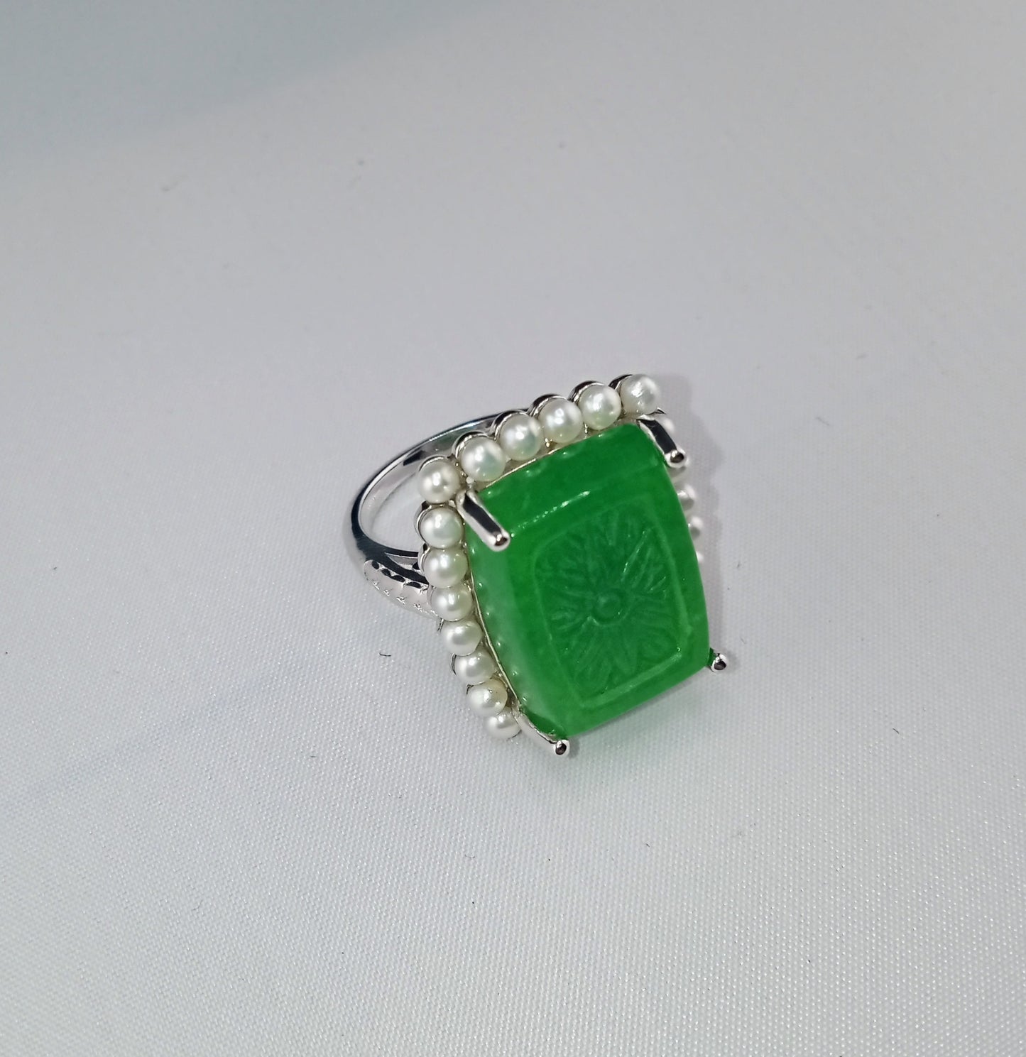 green jade carved ring, white freshwater cultured pearl