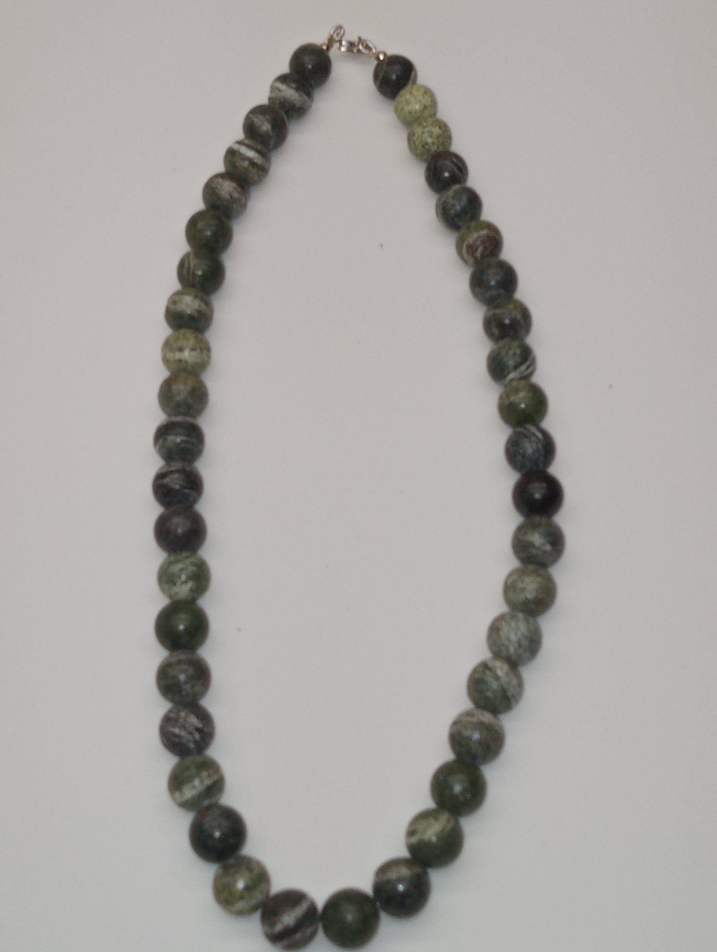 bracelet, green zebra jasper 10mm beaded ,sterling silver 18inches