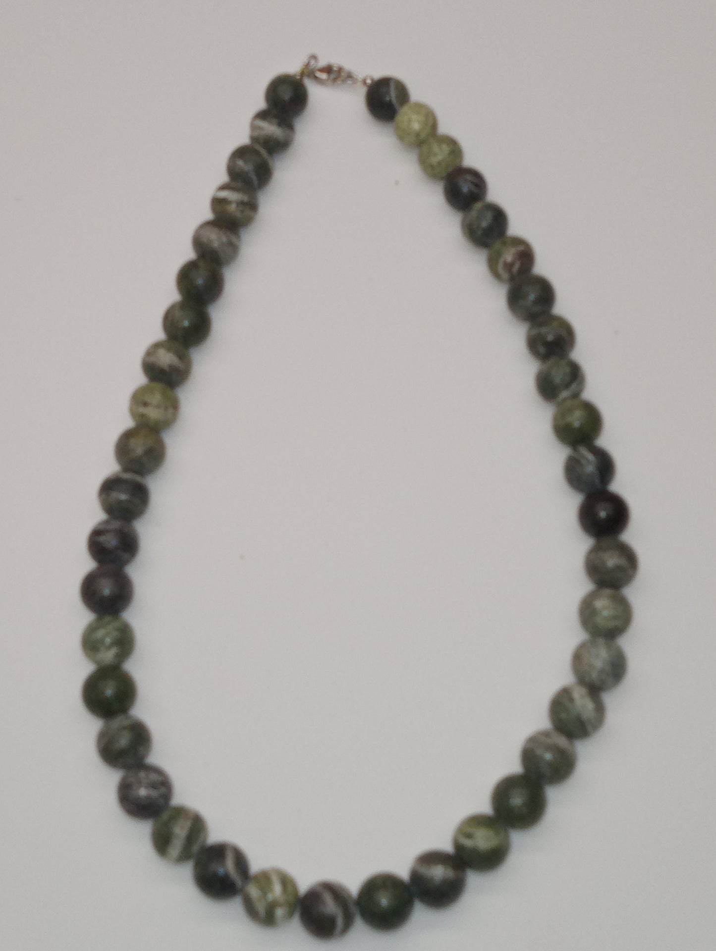 bracelet, green zebra jasper 10mm beaded ,sterling silver 18inches
