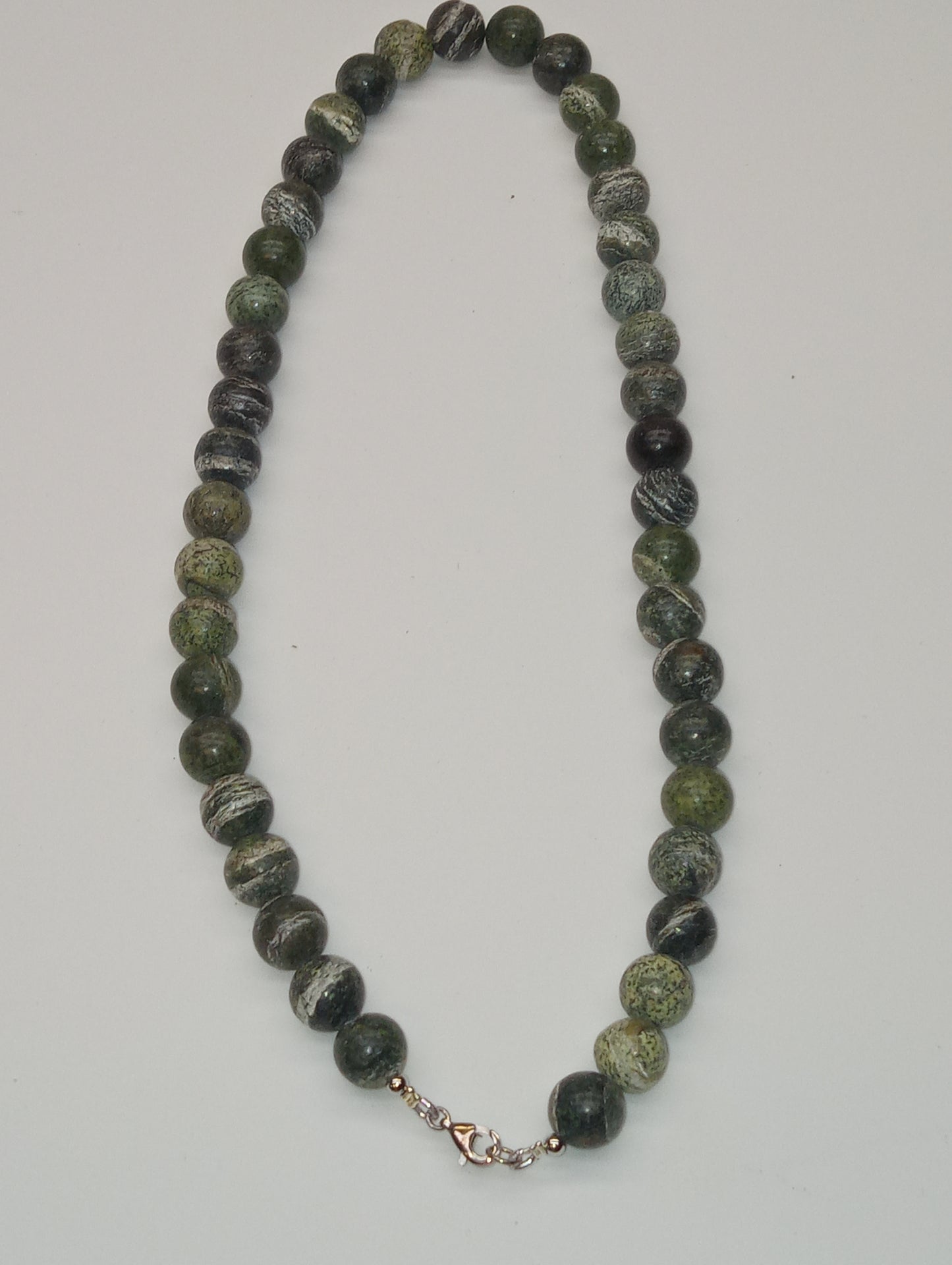 bracelet, green zebra jasper 10mm beaded ,sterling silver 18inches