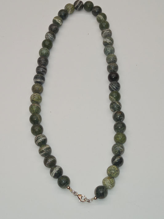 bracelet, green zebra jasper 10mm beaded ,sterling silver 18inches