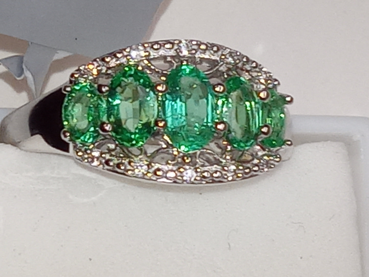 emerald ring Zambian ,whiter zircon rhodium over sterling silver size 7