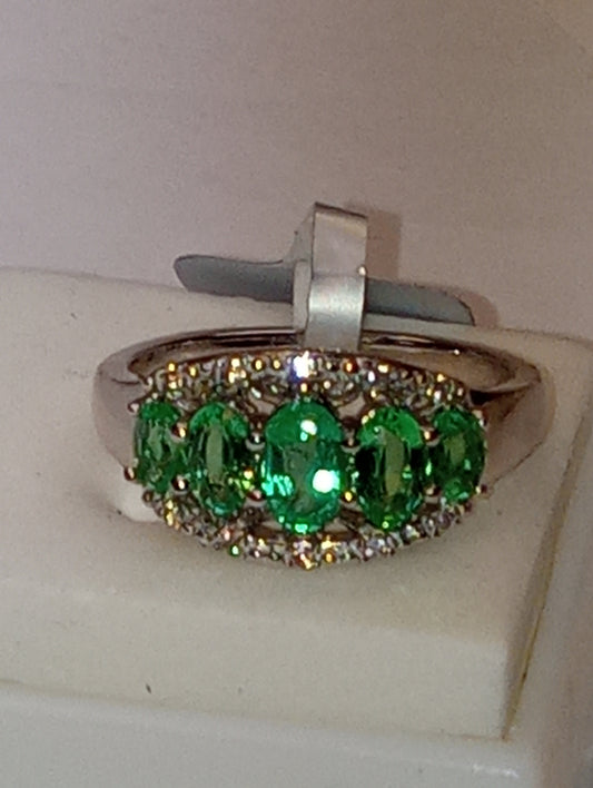emerald ring Zambian ,whiter zircon rhodium over sterling silver size 7