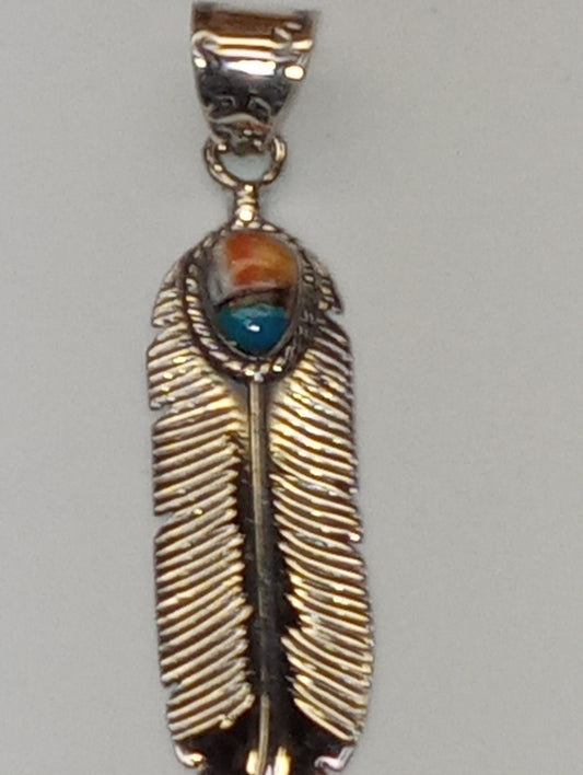 pendant Santa  Fe Style spiny turquoise feather sterling silver