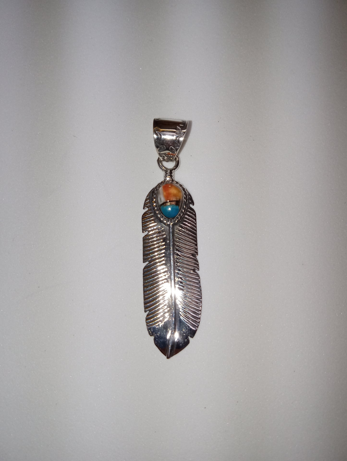 pendant Santa  Fe Style spiny turquoise feather sterling silver