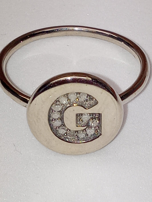 ring initial "G" diamond in platinum over sterling silver