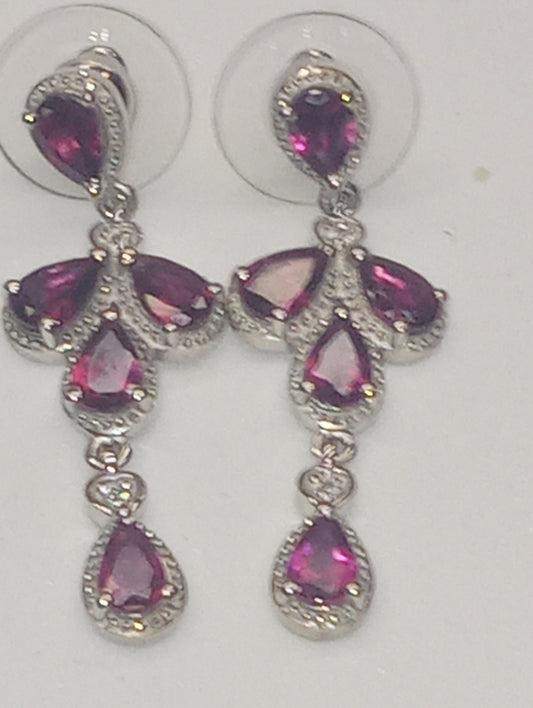 earrings garnet rhodolite white zircon dangle in platinum over sterling silver