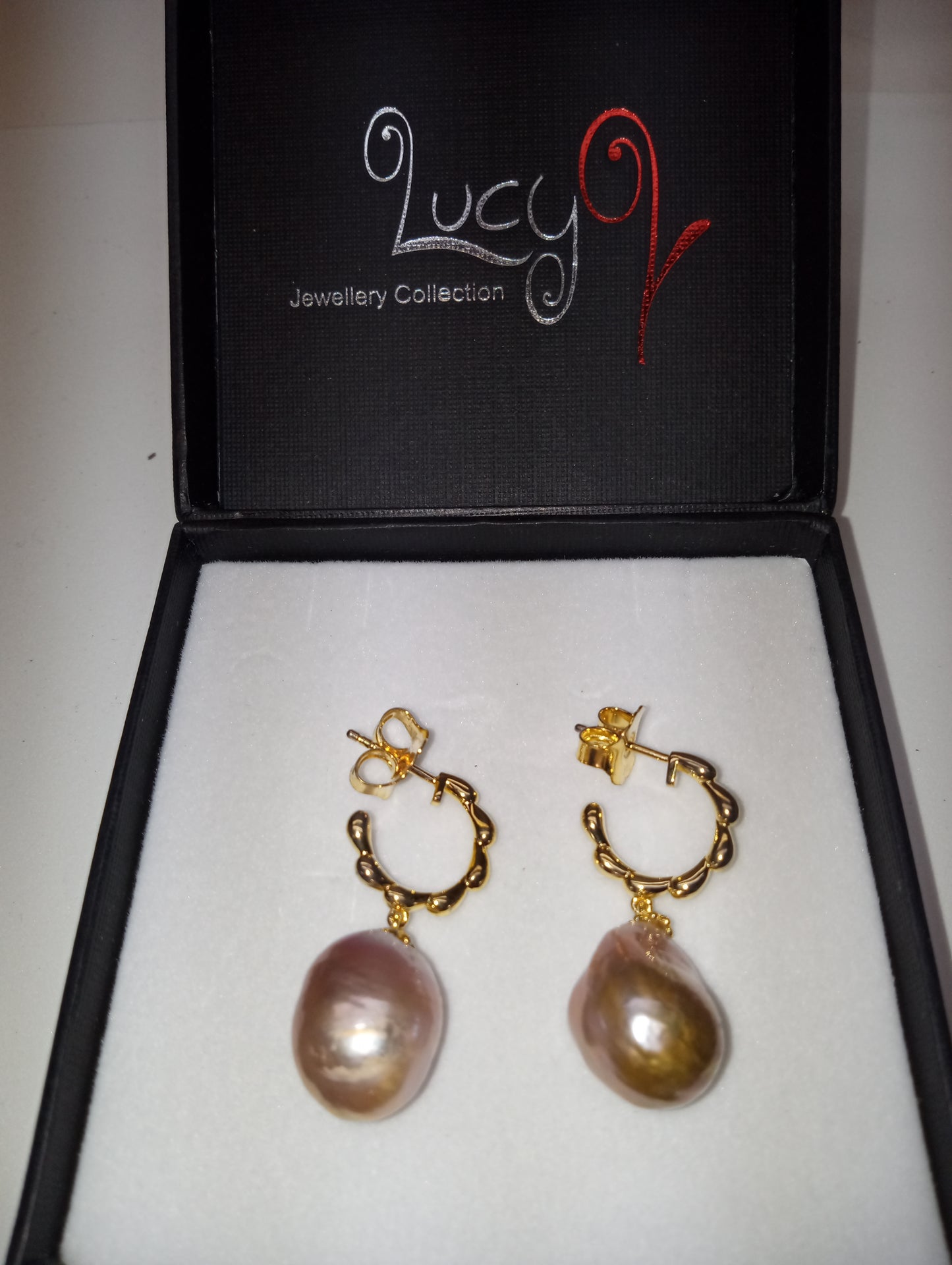 earrings LucyQ drop collection purple baroque pearls in 14k yellow gold over sterling silver