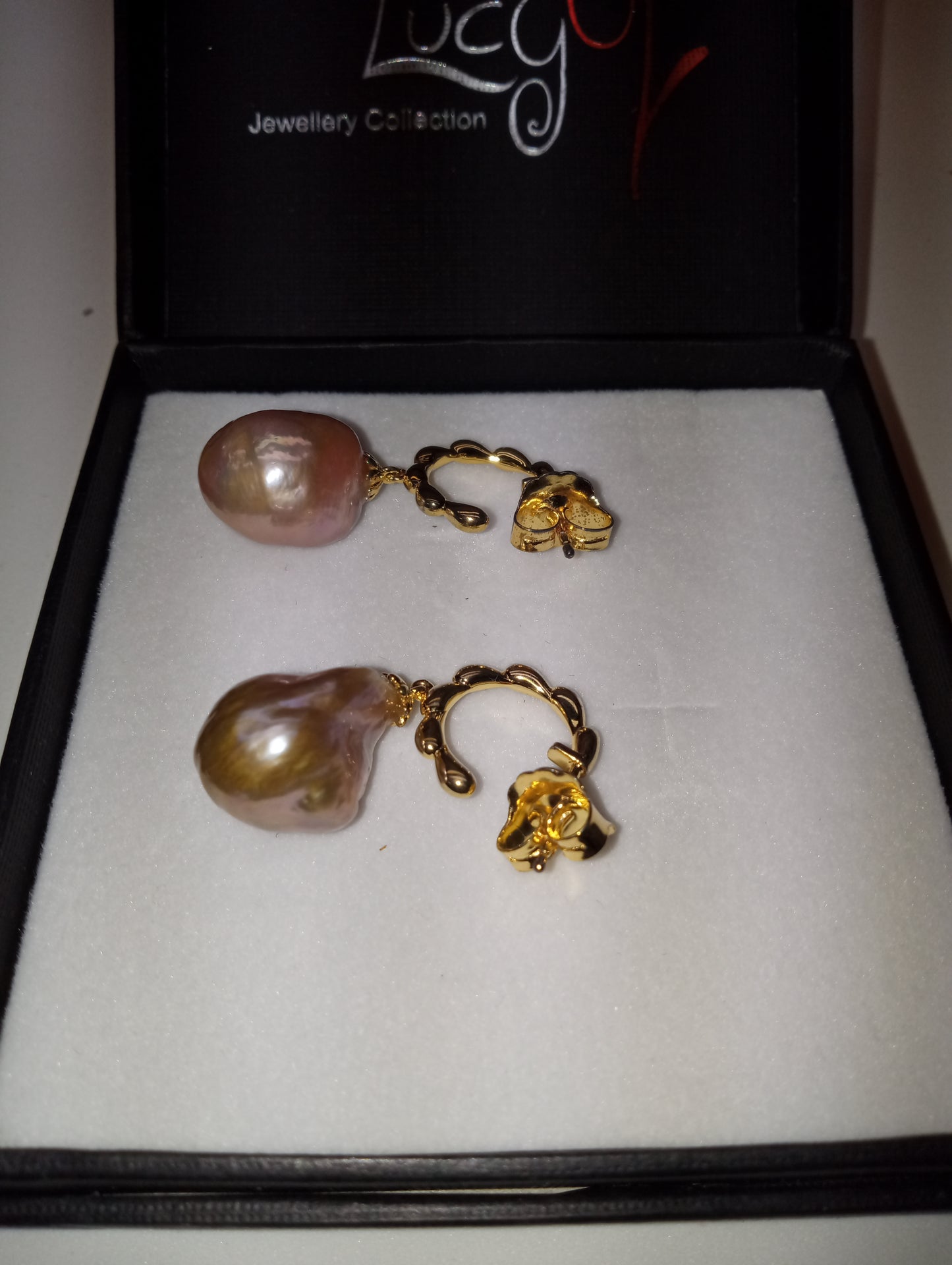 earrings LucyQ drop collection purple baroque pearls in 14k yellow gold over sterling silver