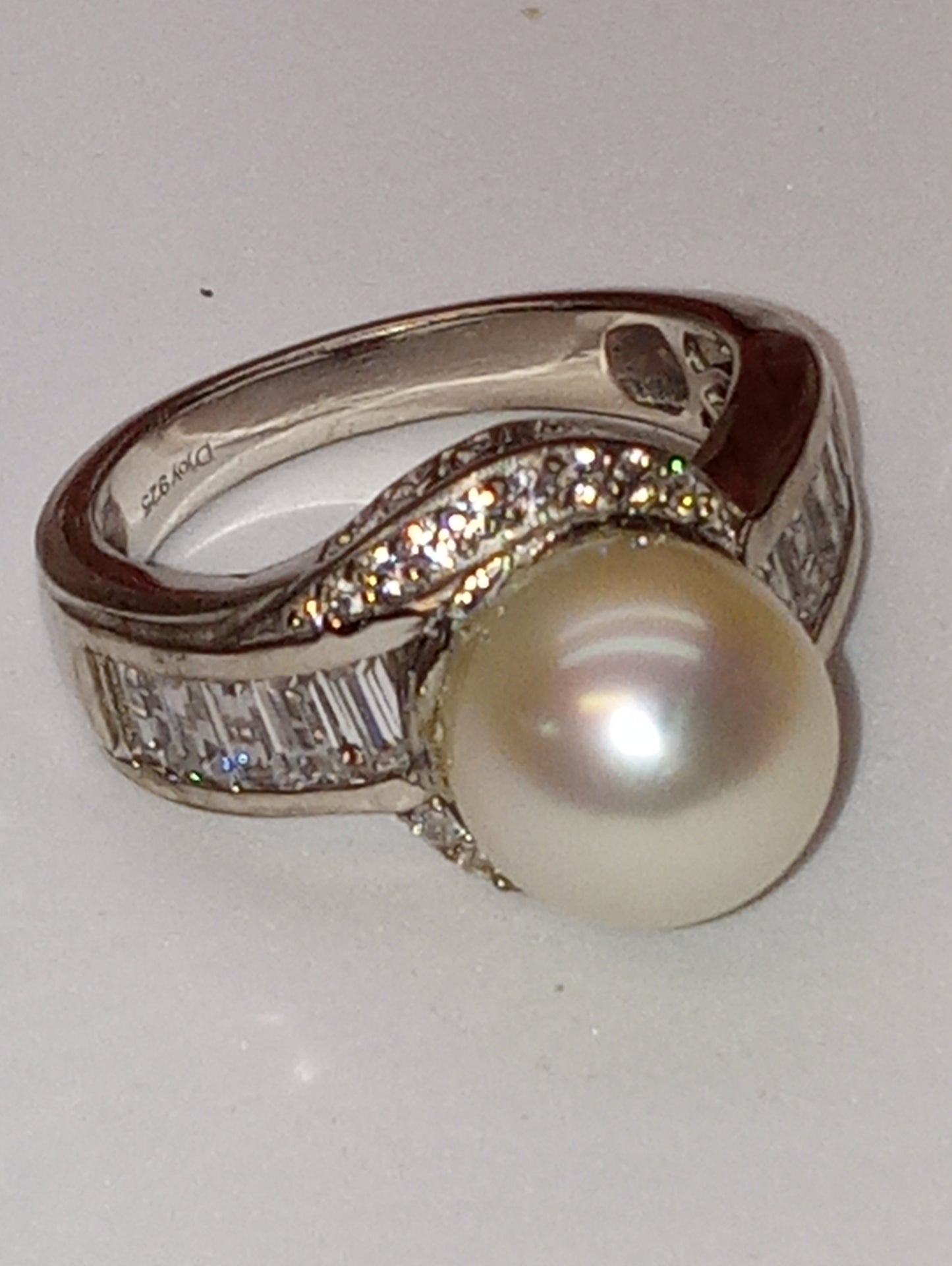 ring pearl South Sea cultured 10.5-11mm white zircon in platinum over sterling silver