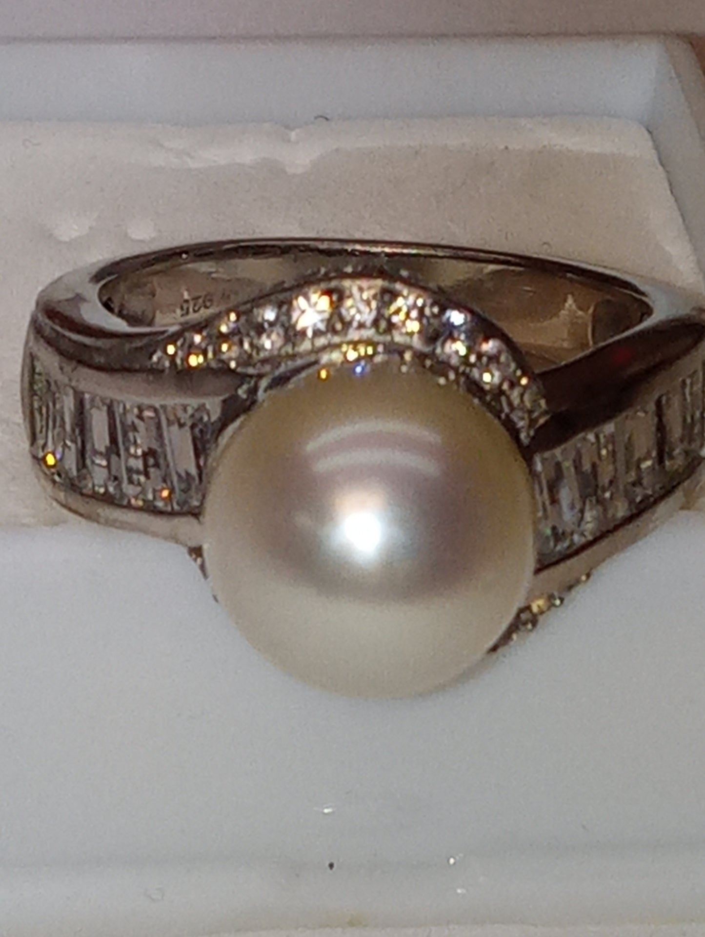 ring pearl South Sea cultured 10.5-11mm white zircon in platinum over sterling silver