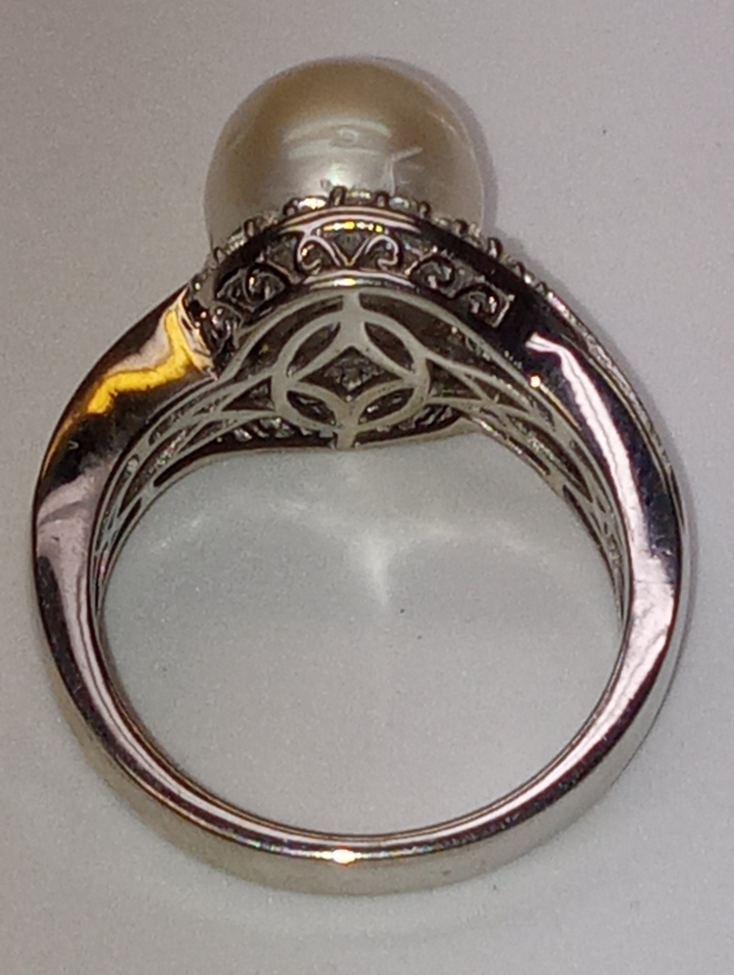 ring pearl South Sea cultured 10.5-11mm white zircon in platinum over sterling silver