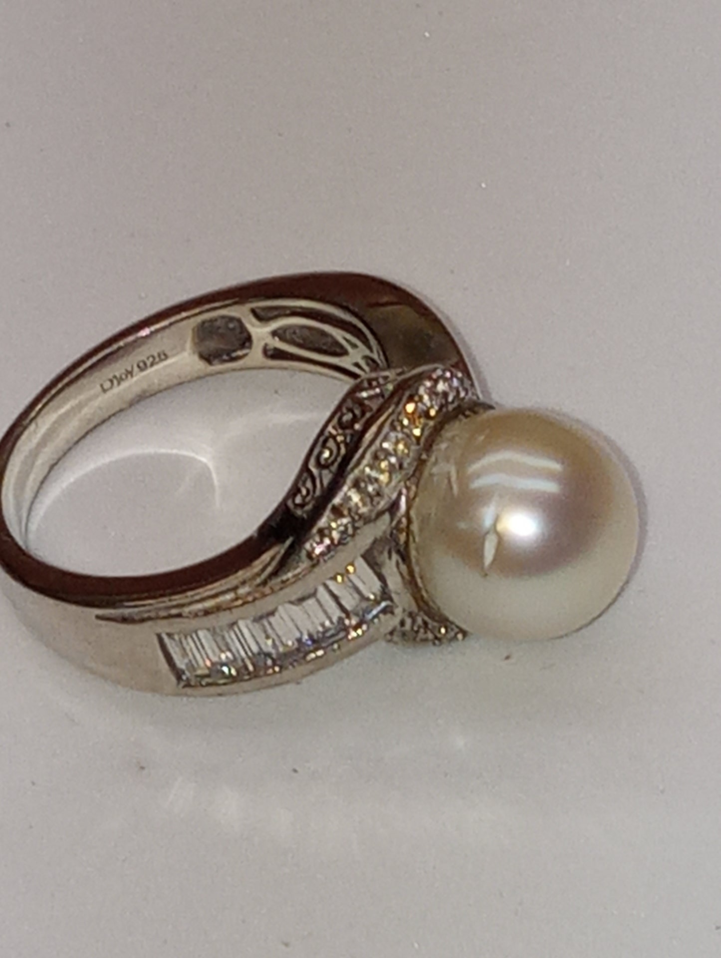 ring pearl South Sea cultured 10.5-11mm white zircon in platinum over sterling silver