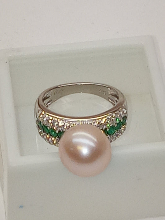 ring Edison pearl 11-12mm multi-gemstone in rhodium over sterling silver