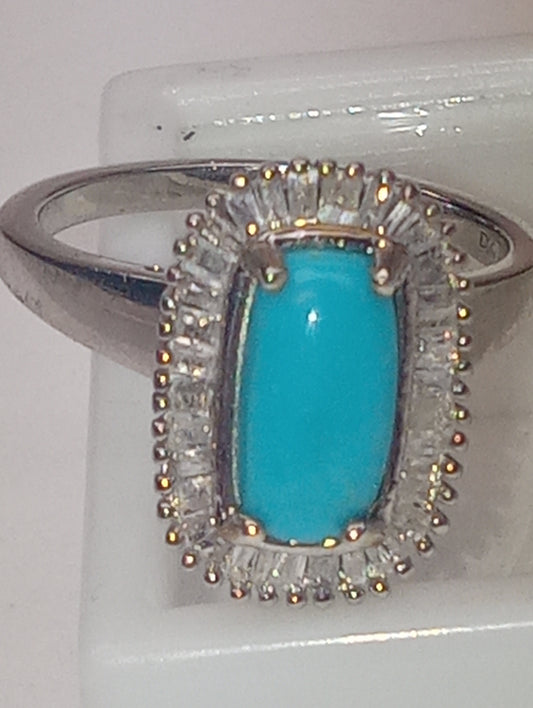 ring Sleeping Beauty turquoise diamond in platinum over sterling silver