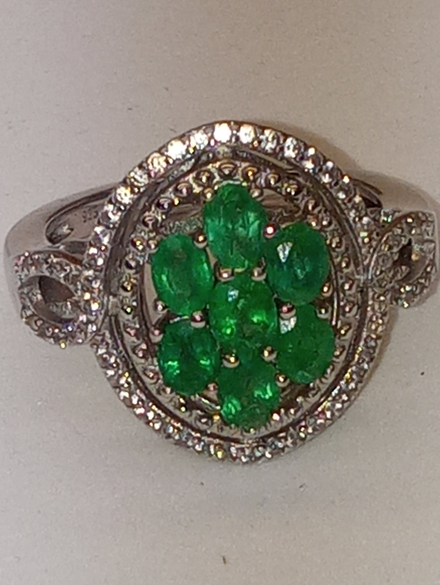 ring emerald Zambian white zircon in rhodium over sterling silver