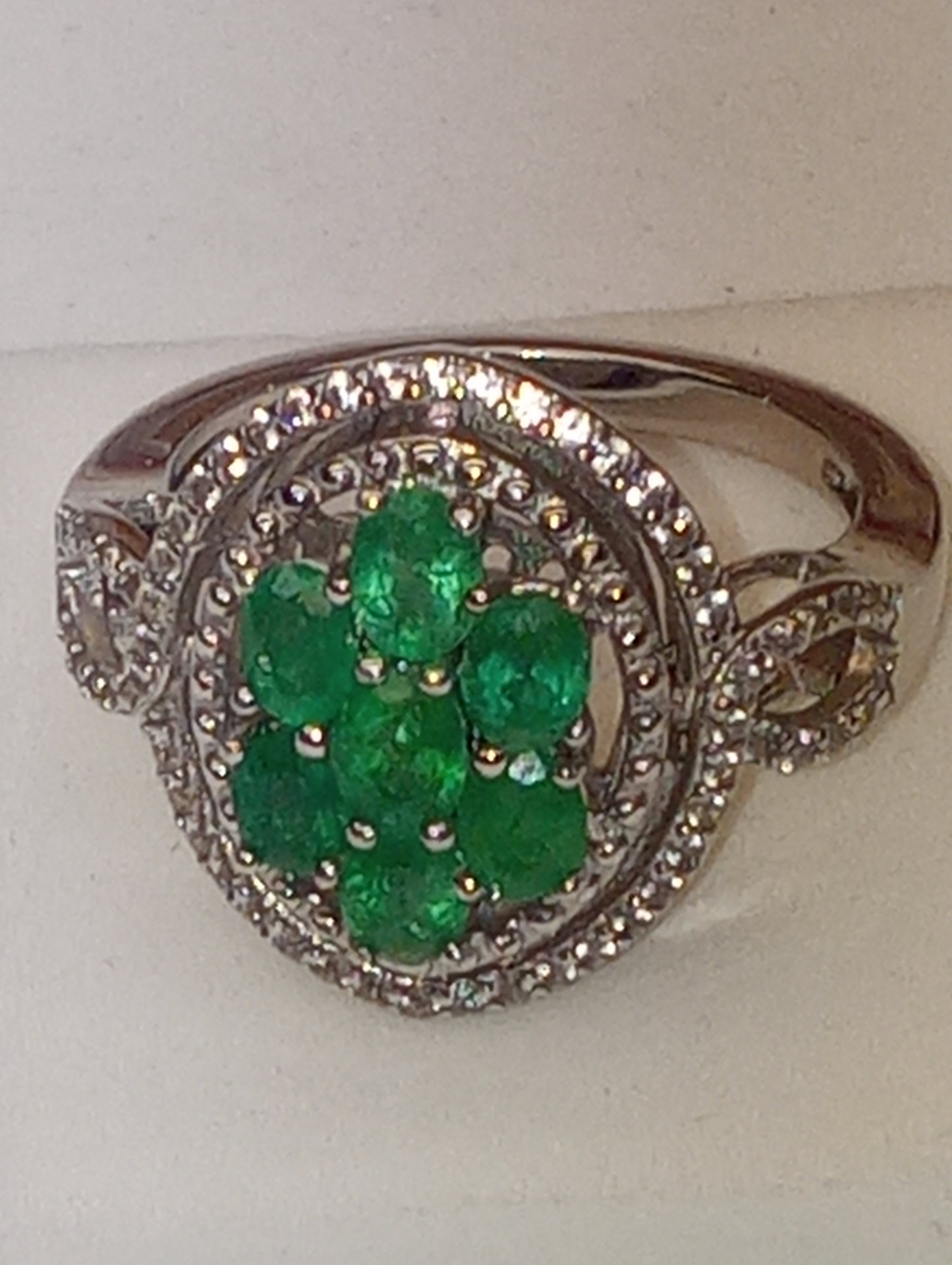 ring emerald Zambian white zircon in rhodium over sterling silver