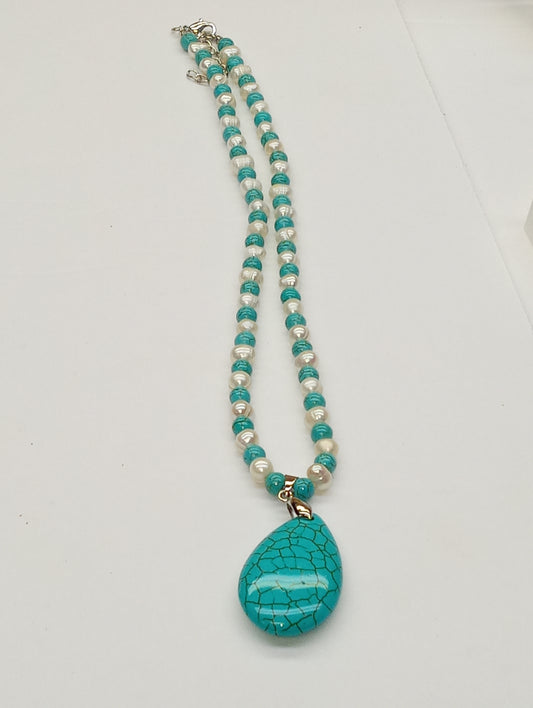 necklace howlite blue, white freshwater pearl, beaded, 18-20inches in silvertone