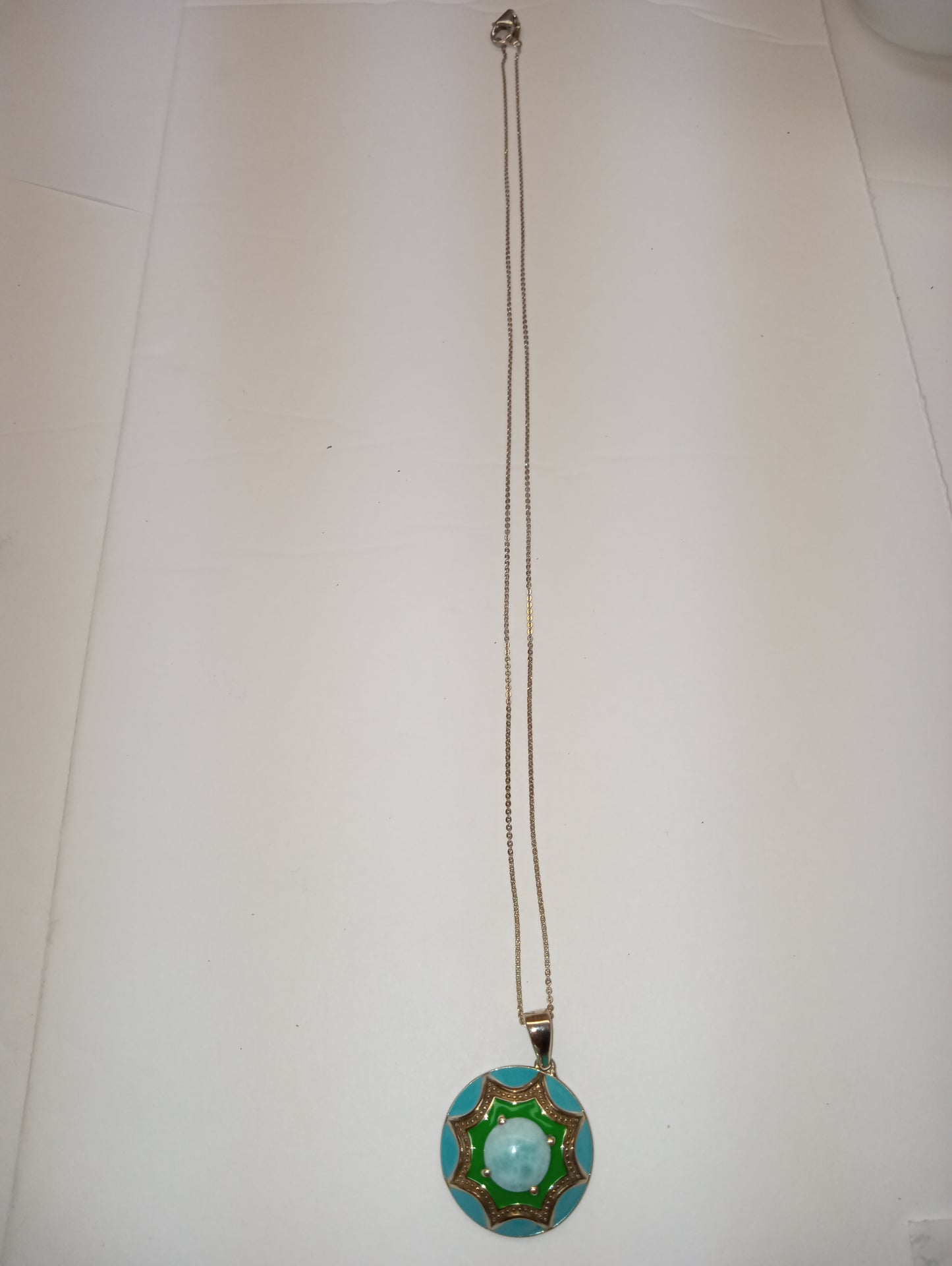 necklace pendant larimar, enameled flower in platinum over sterlling silver,20inches