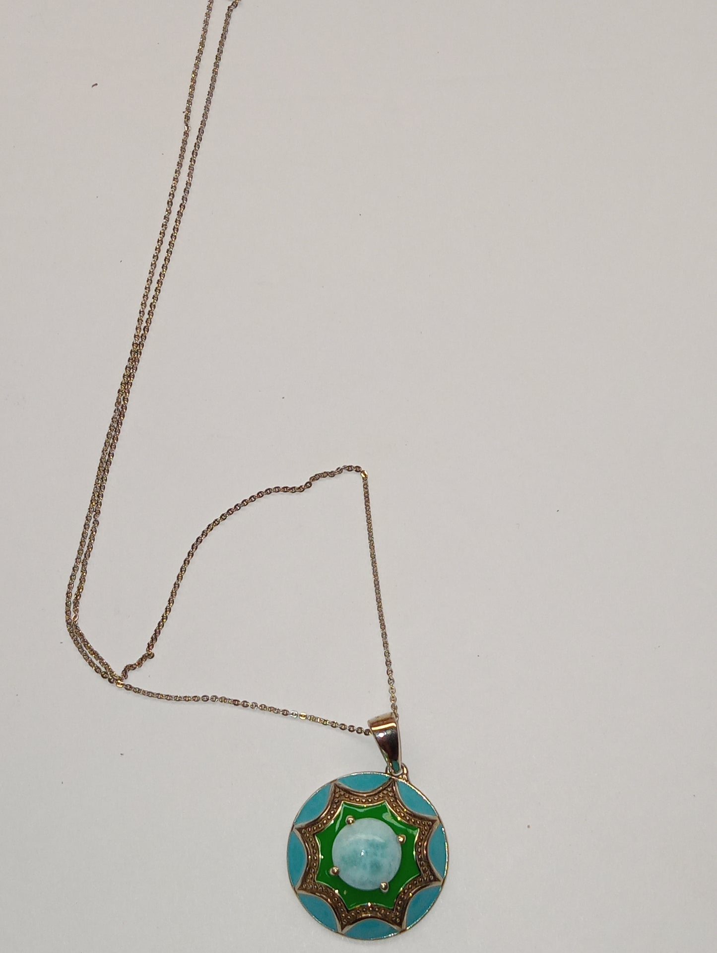 necklace pendant larimar, enameled flower in platinum over sterlling silver,20inches
