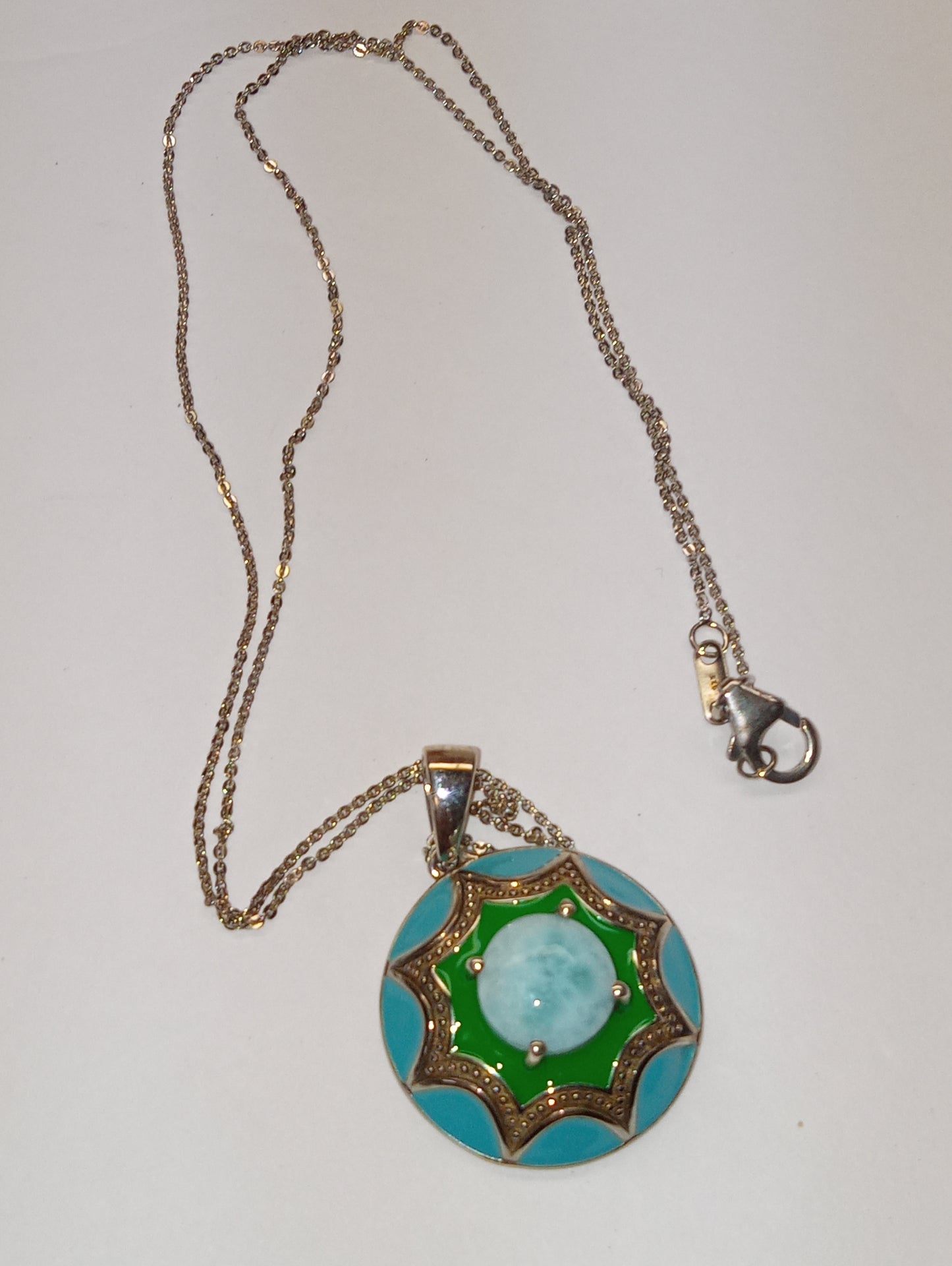 necklace pendant larimar, enameled flower in platinum over sterlling silver,20inches
