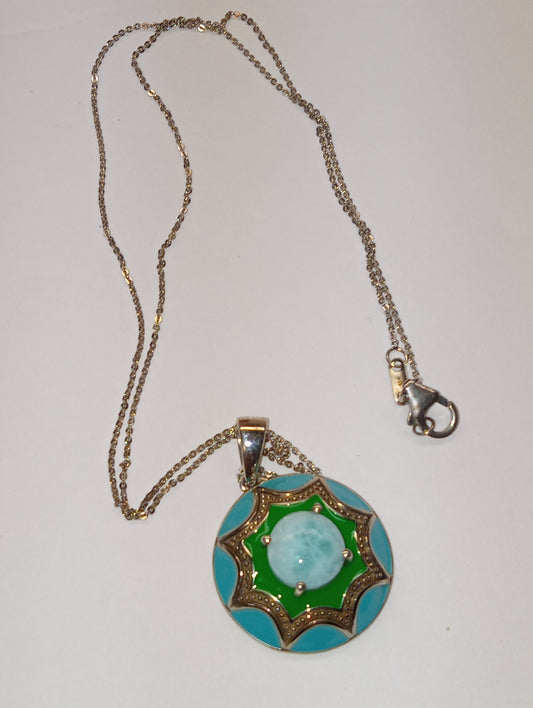 necklace pendant larimar, enameled flower in platinum over sterlling silver,20inches
