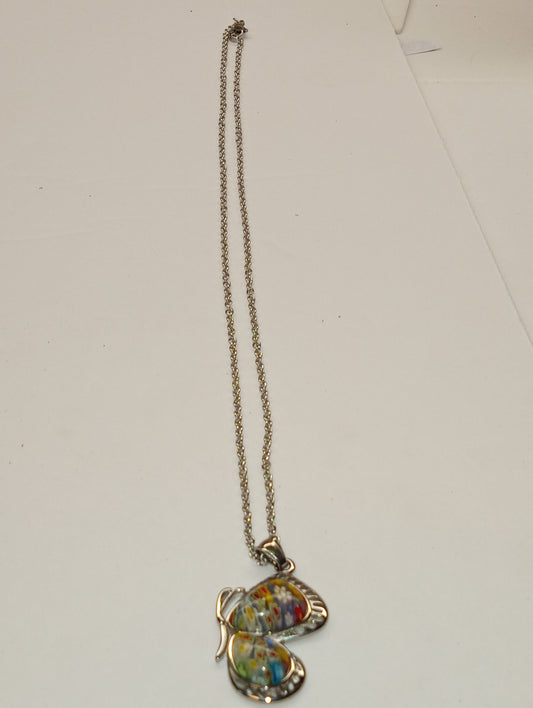 necklace pendant Murano Style Glass butterfly side, 20inches, stainless steel