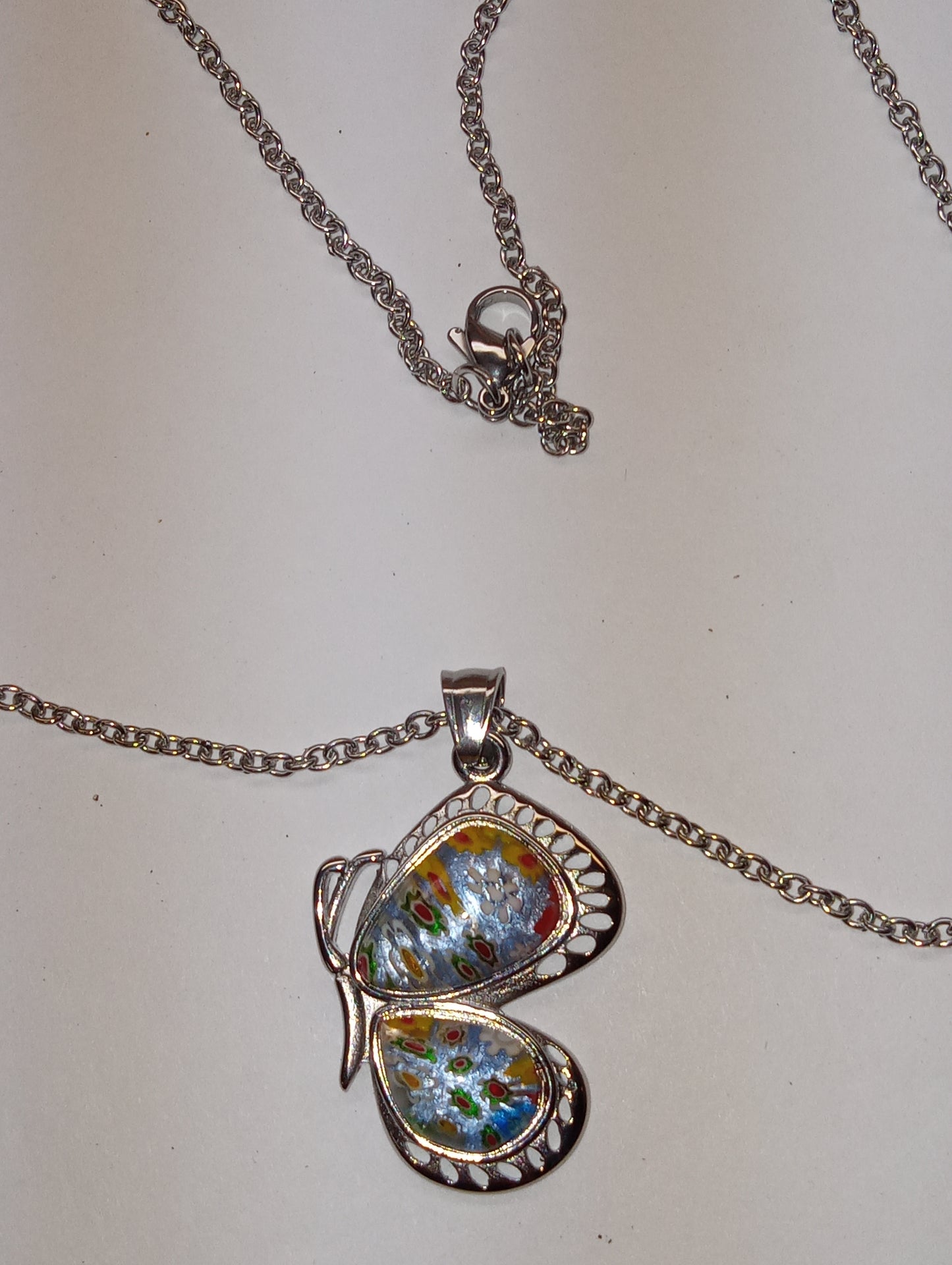 necklace pendant Murano Style Glass butterfly side, 20inches, stainless steel