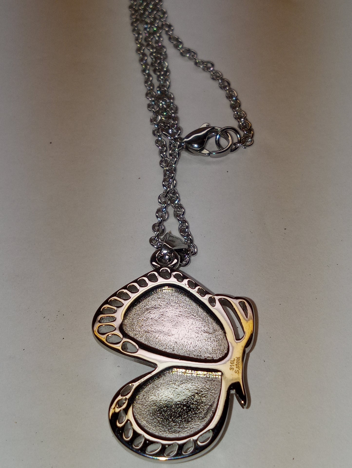necklace pendant Murano Style Glass butterfly side, 20inches, stainless steel
