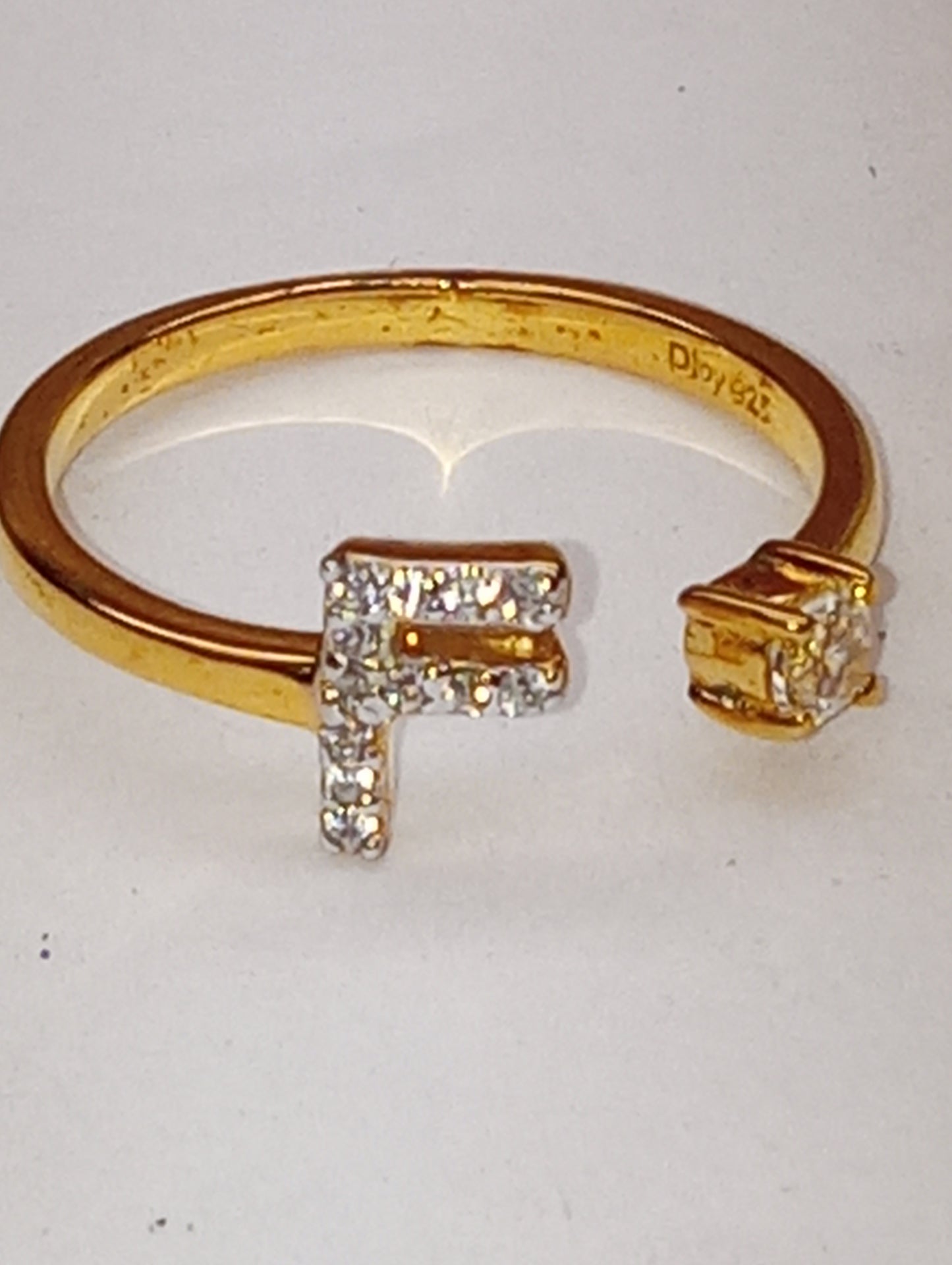 ring initial "F" white zircon, open band in vermeil yellow gold over sterling silver, size 6