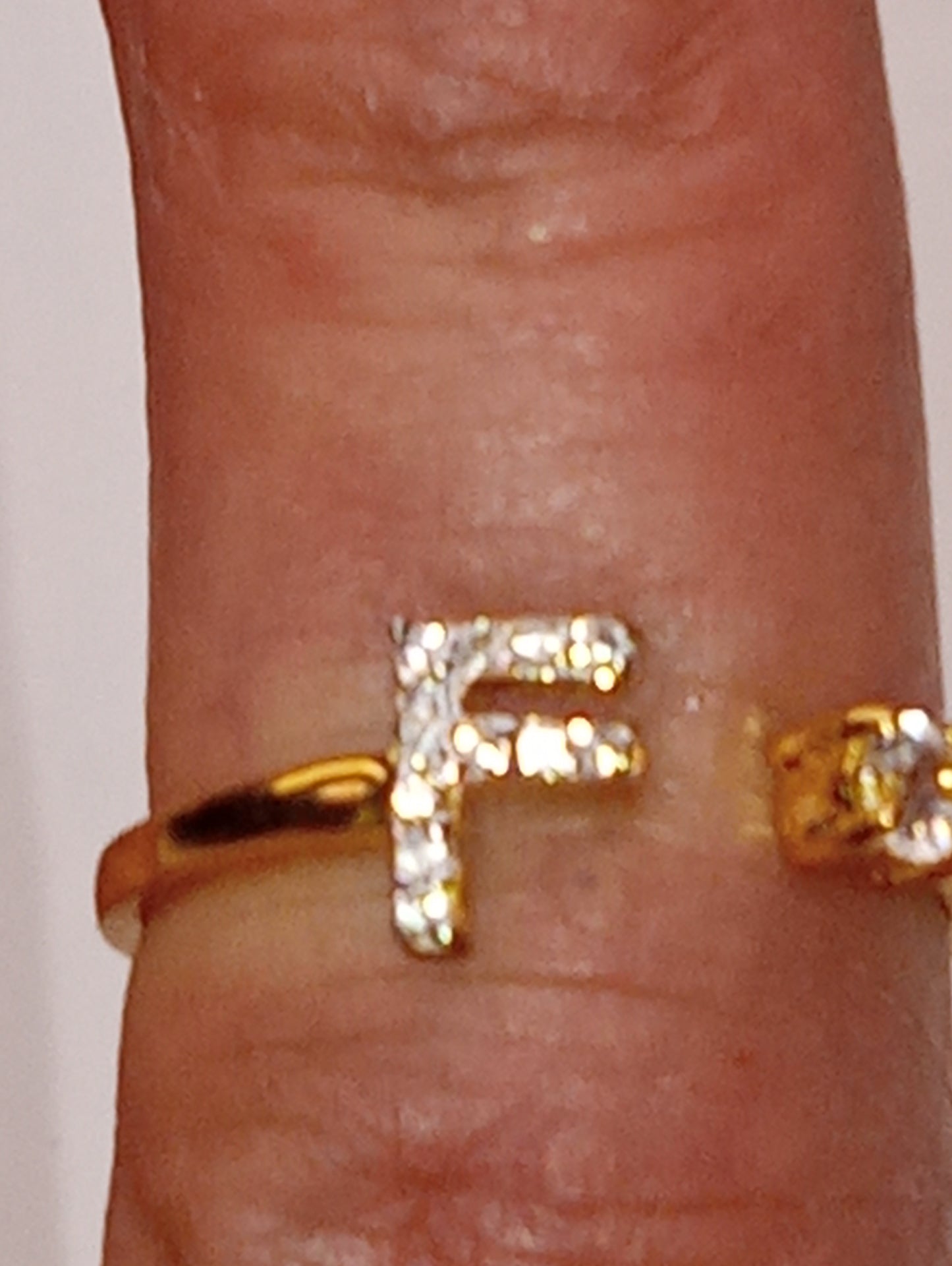 ring initial "F" white zircon, open band in vermeil yellow gold over sterling silver, size 6