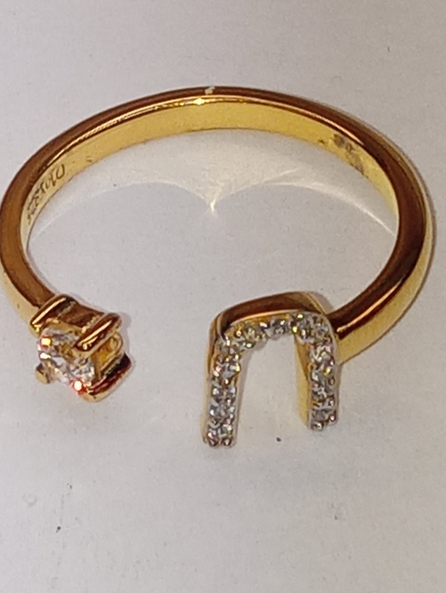 ring initial "U", white zicon open band ,vermeil yellow gold over sterling silver, size6