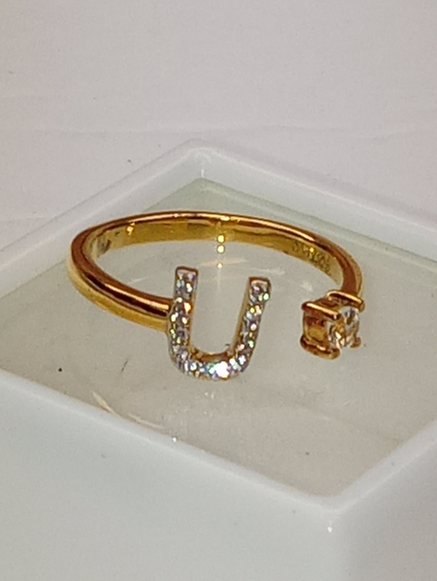 ring initial "U", white zicon open band ,vermeil yellow gold over sterling silver, size6
