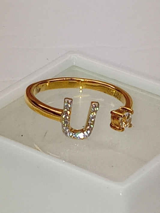 ring initial "U", white zicon open band ,vermeil yellow gold over sterling silver, size6