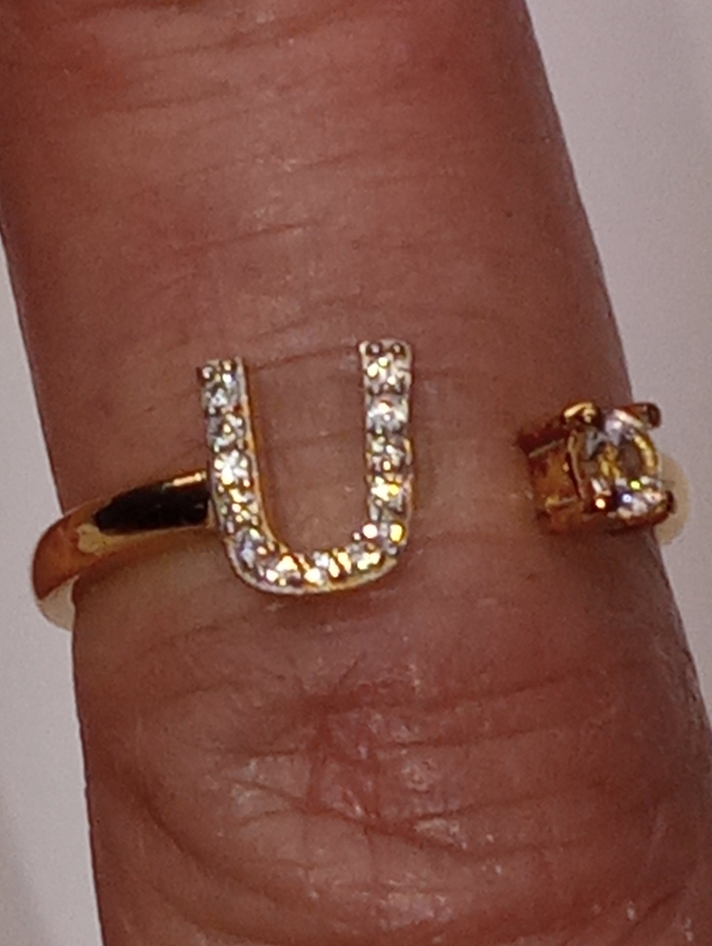 ring initial "U", white zicon open band ,vermeil yellow gold over sterling silver, size6