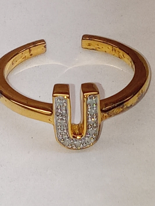 ring diamond initial "U" open band in vermeil yellow gold over sterling silver, size7,.06ctw